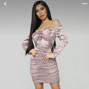 NWT FASHION NOVA MAUVE MAKE A  FIRST IMPRESSION DRESS OFF THE SHOULDER SATIN L